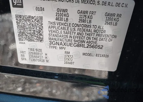 2024 Chevrolet Equinox Awd Lt из США, поврежденный, VIN 3GNAXUEG8RL256052